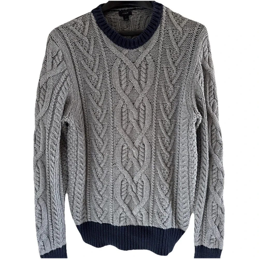 J.Crew Sweater Men Size M Gray Navy Cotton Triple Cable Knit Fisherman Sailing‎